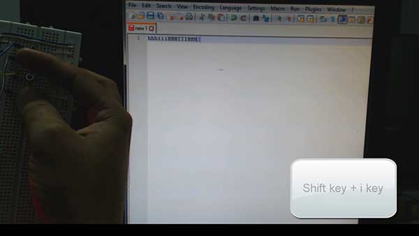 Image showing capital 'i' typed from Arduino based generic USB keyboard Image showing capital 'i' typed from Arduino based generic USB keyboard