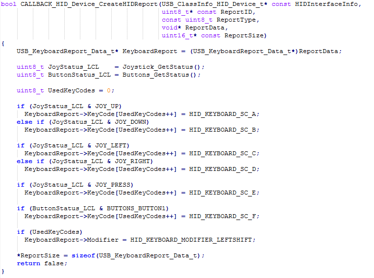 Screenshot of CALLBACK_HID_Device_CreateHIDReport Function in LUFA
